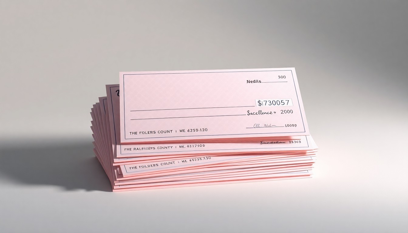 A photorealistic studio still-life image featuring a stack of large, colorful novelty checks arranged elegantly on a clean, monochromatic background, conceptually representing the community investment and economic development initiatives in Raleigh County.