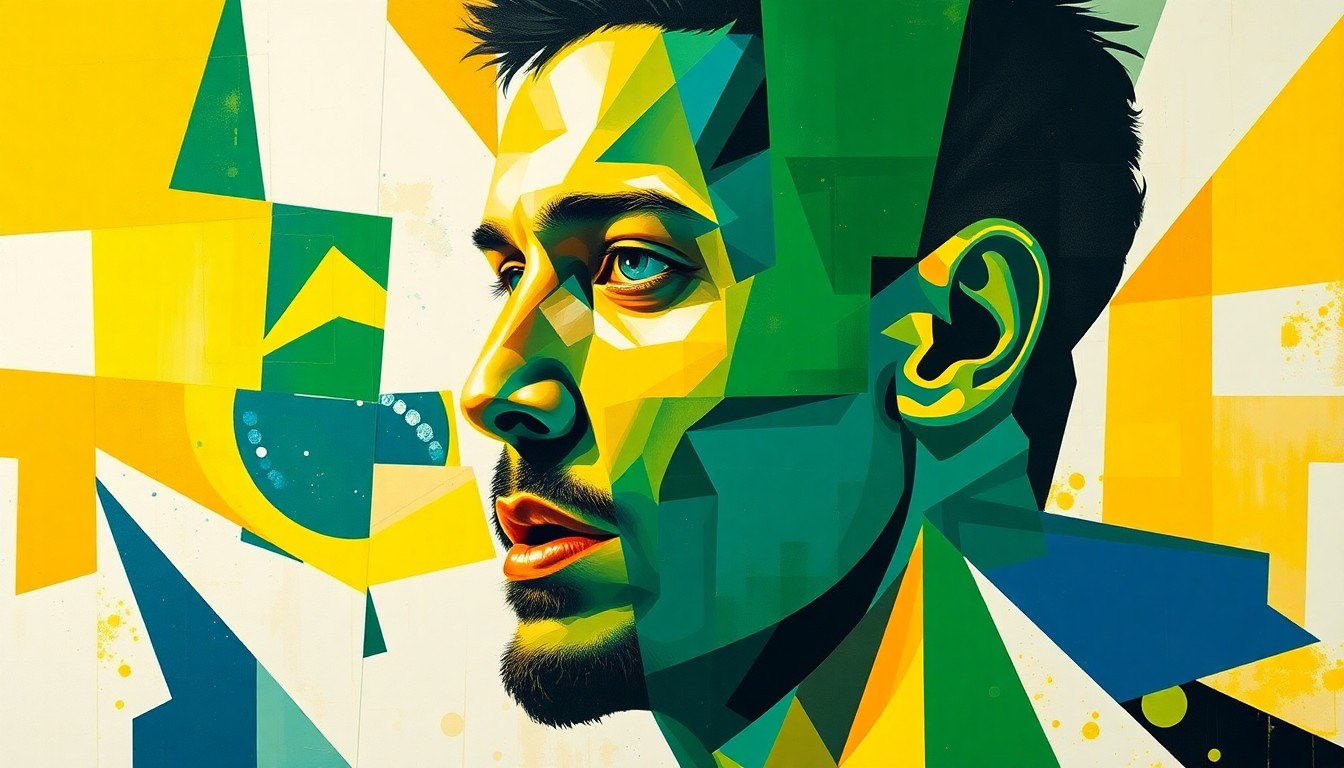 A fractured, multi-perspective painting depicting the basketball career of Oscar Schmidt, with sharp geometric planes in the colors of the Brazilian flag representing his explosive scoring ability and Olympic performances.
