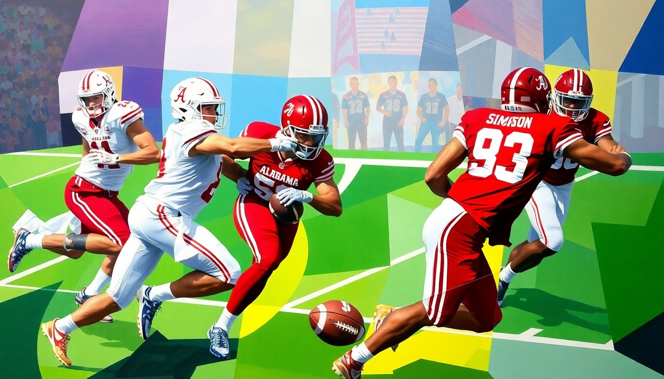 A fractured, geometric painting depicting an abstracted football play, with the players' forms broken down into sharp, overlapping planes of color and shape.