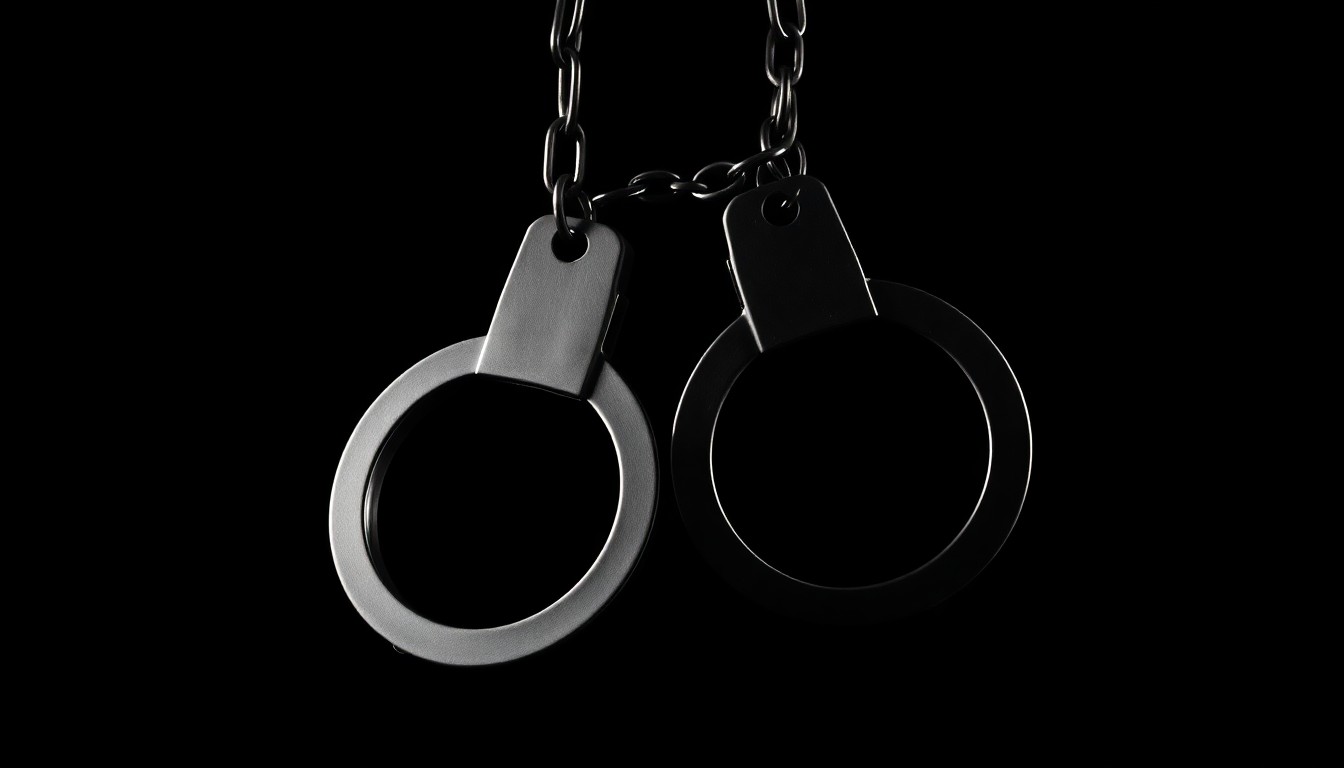 An extreme close-up photograph of a set of handcuffs against a stark, black background, highlighting the gritty reality of a law enforcement crackdown on criminal activity.