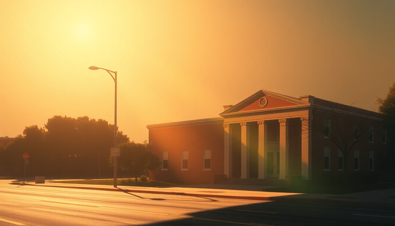 A serene, cinematic painting of a county government building in warm, golden light, conveying a sense of quiet contemplation about the impact of long-tenured political leadership on a local community.