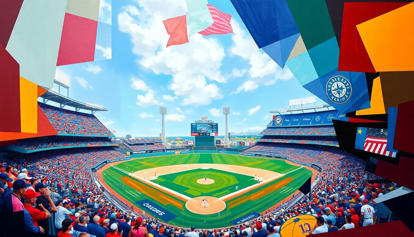 A fragmented, geometric painting depicting a baseball game in progress, with the players and field broken down into sharp, overlapping planes of color and shape, conveying the intensity and competitive spirit of the Rangers-Mariners rivalry.