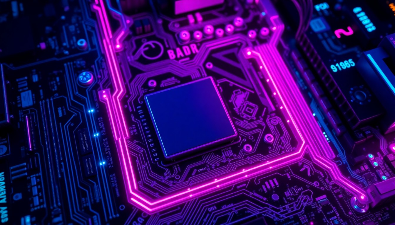 A highly detailed, glowing 3D illustration of a computer motherboard with neon cyan and magenta lights pulsing through the circuits, conceptually representing the hidden digital infrastructure that can be compromised by malware.