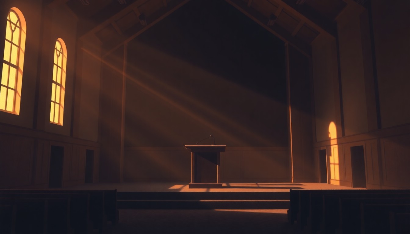 A dimly lit, cinematic painting of an empty church stage or podium, with warm sunlight casting deep shadows across the scene, conveying a sense of political tension and division.