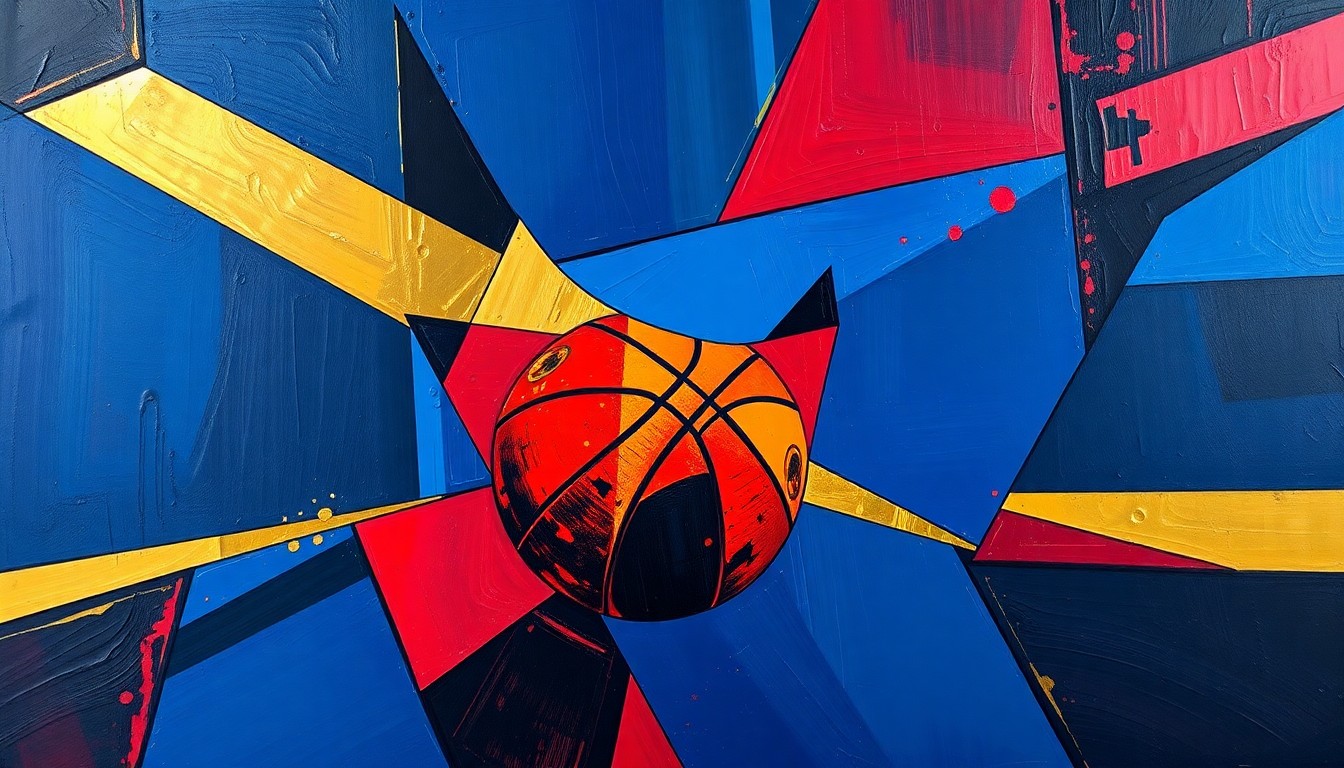 A fragmented, geometric painting depicting the dynamic movements and collisions of two basketball players, rendered in a bold, cubist style using rich navy, crimson, and gold tones to convey the energy and emotion of the moment.