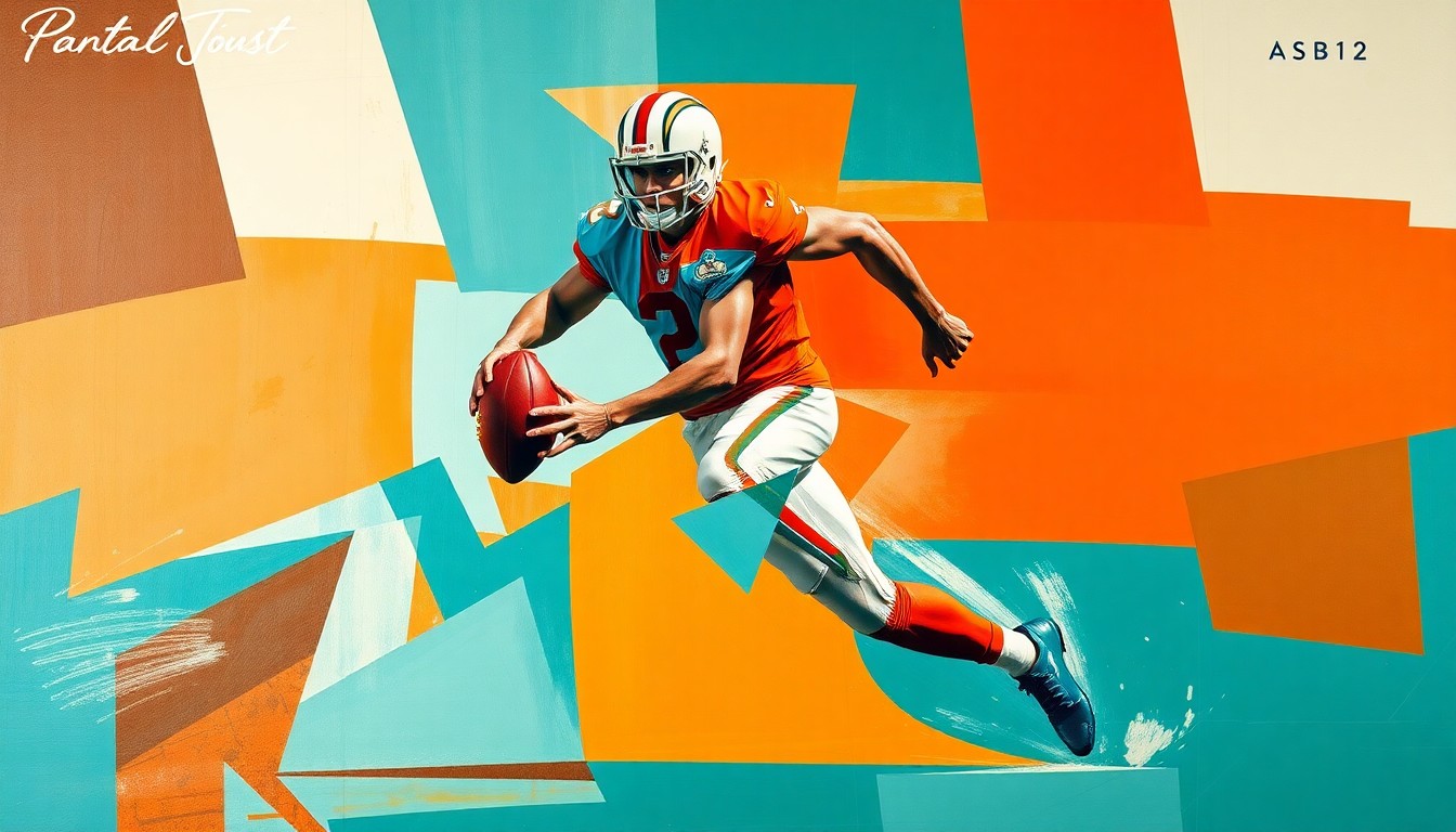 A fragmented, geometric painting depicting a football player in mid-motion, with sharp planes of teal, orange, and white creating a dynamic, abstract representation of athletic movement.