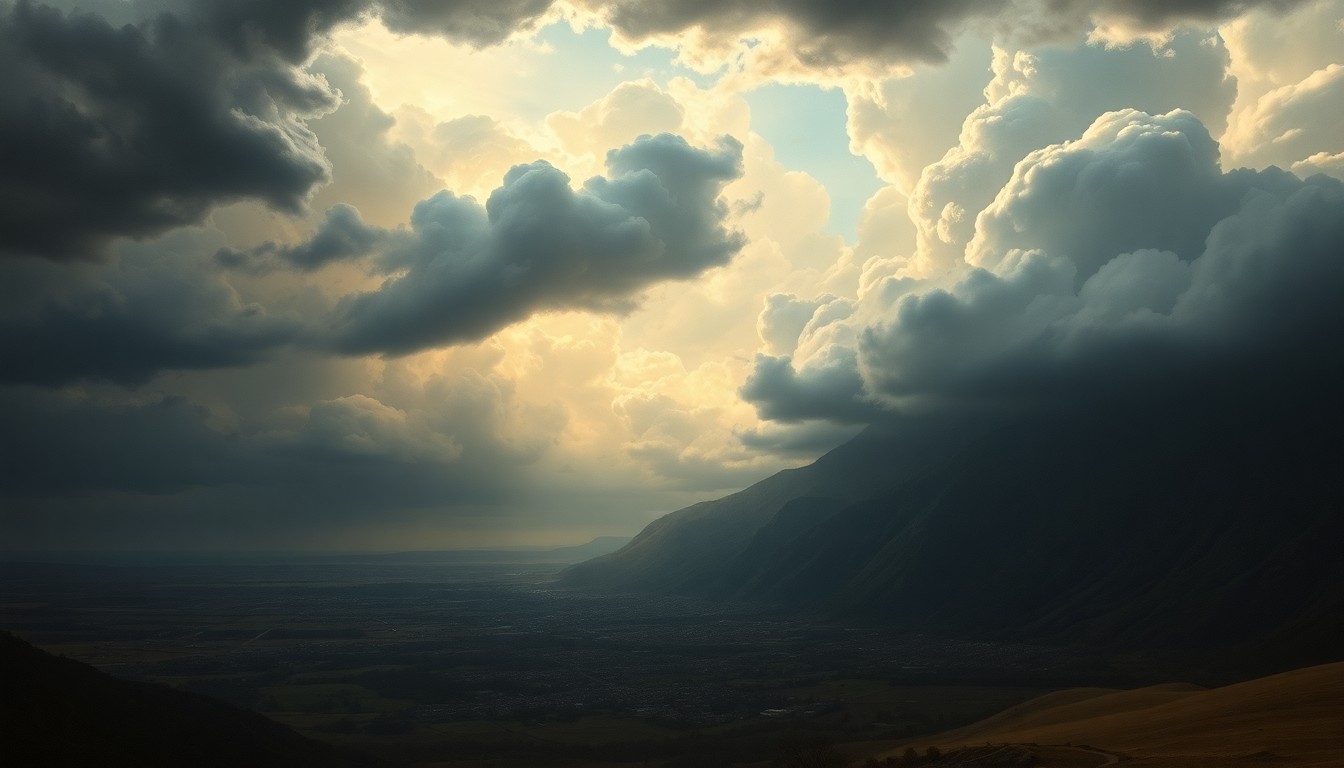 A vast, majestic landscape painting in muted tones, with a small city dwarfed by the sweeping, turbulent clouds and fading daylight of an approaching storm, conveying the overwhelming scale and power of the natural forces at play.