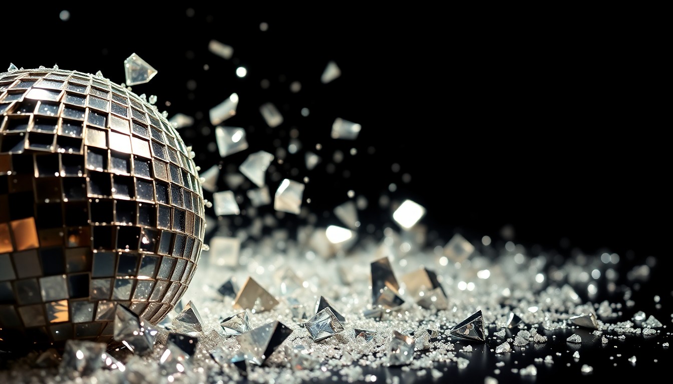 An extreme close-up photograph of shattered, glittering disco ball fragments in dramatic high-contrast studio lighting, conceptually representing the fragility and complexity of celebrity culture.