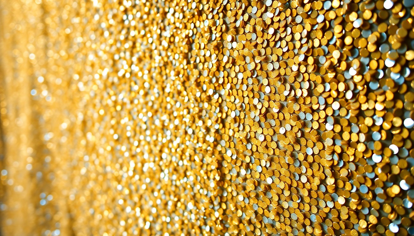 An extreme close-up photograph of a glittering, sequined fabric in shimmering gold and silver tones, conceptually representing the luxurious, high-fashion aesthetic of a celebrity art exhibition.