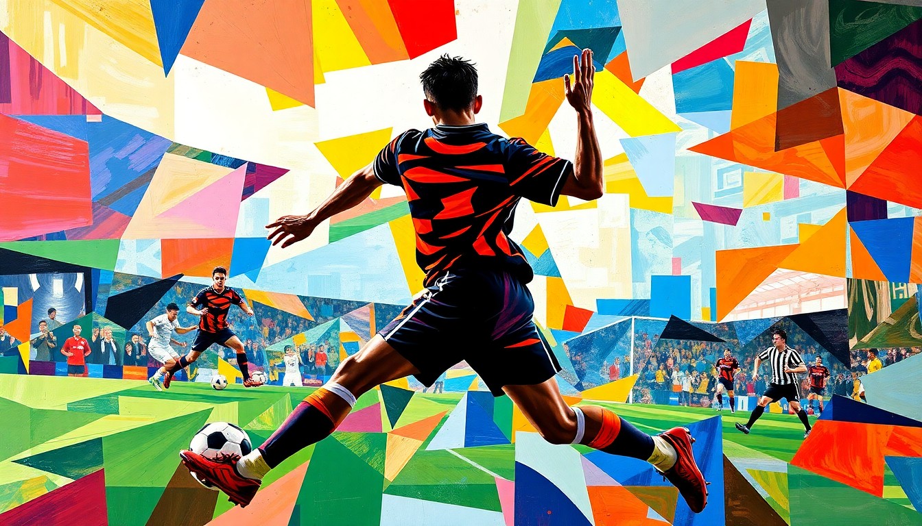 A cubist-style painting depicting a fragmented soccer match, with players and the ball broken down into sharp, overlapping geometric shapes in a vibrant color palette, capturing the dynamic energy of the sport.
