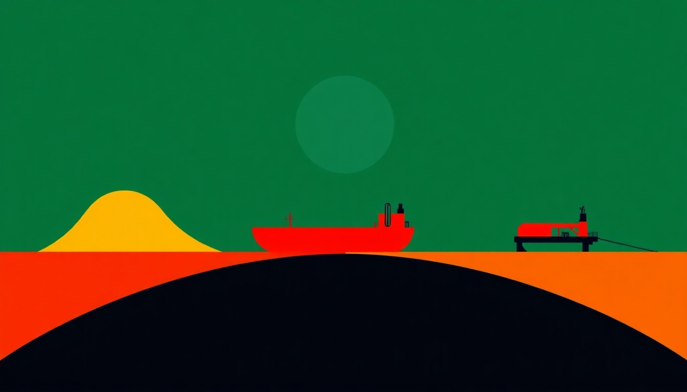 A geometric abstract illustration using simple shapes and bold primary colors to conceptually represent the dynamics of the global oil market and its impact on gasoline prices.