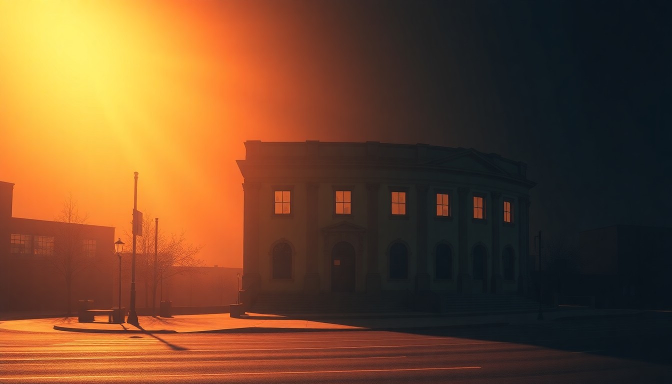 A serene, nostalgic painting of a city hall building in warm, golden light, conveying the quiet tension and uncertainty surrounding the assessment fee controversy.