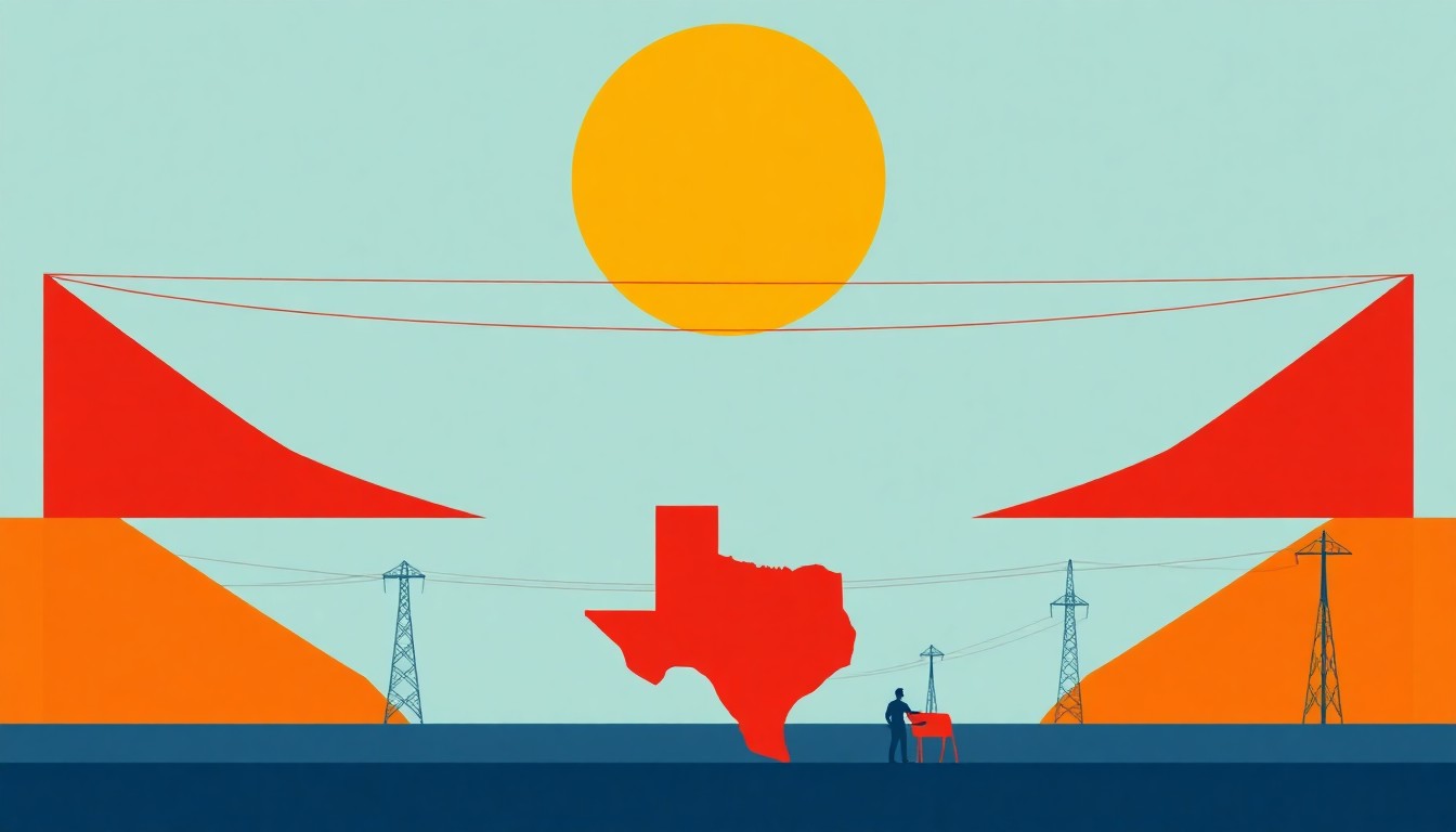 A minimalist illustration composed of overlapping geometric shapes in shades of blue, red, and yellow, conceptually representing the complex dynamics of electricity demand growth and regulatory oversight in Texas.