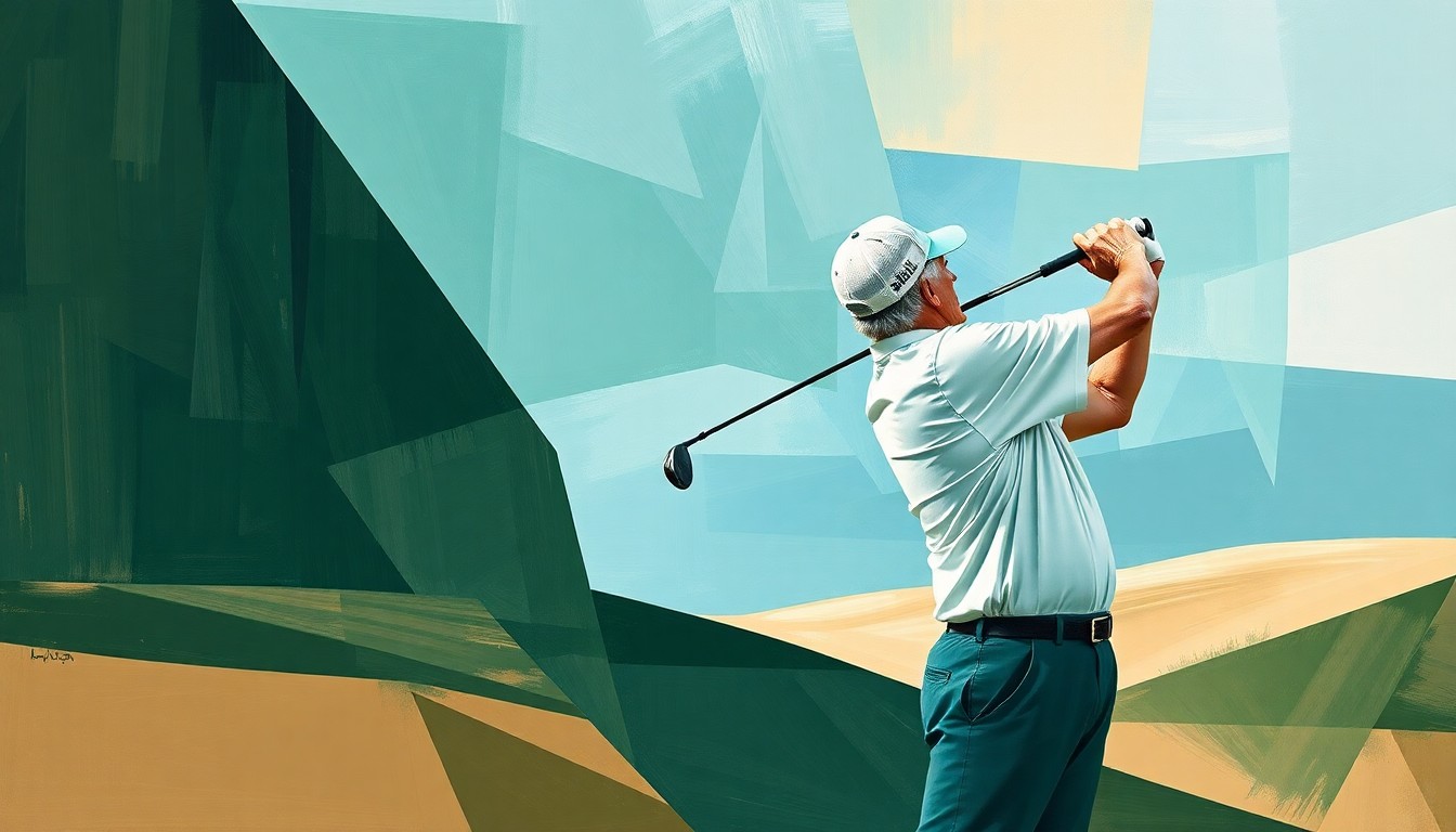 A cubist, geometric painting depicting the fragmented motion of a senior golfer's swing, with sharp planes of green, blue, and beige hues conceptually representing the competitive energy of the tournament.