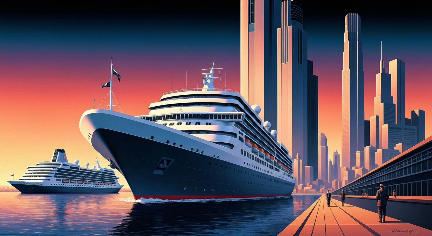 A highly stylized, geometric illustration depicting the towering silhouette of a cruise ship against a vibrant, gradient-filled sky, capturing the grand scale and momentum of Seattle's thriving maritime tourism industry.
