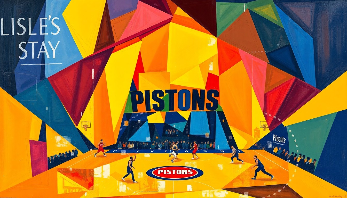 A dynamic, fragmented painting depicting the action and energy of a Pistons playoff basketball game, with sharp geometric shapes and overlapping planes in the team's vibrant colors.
