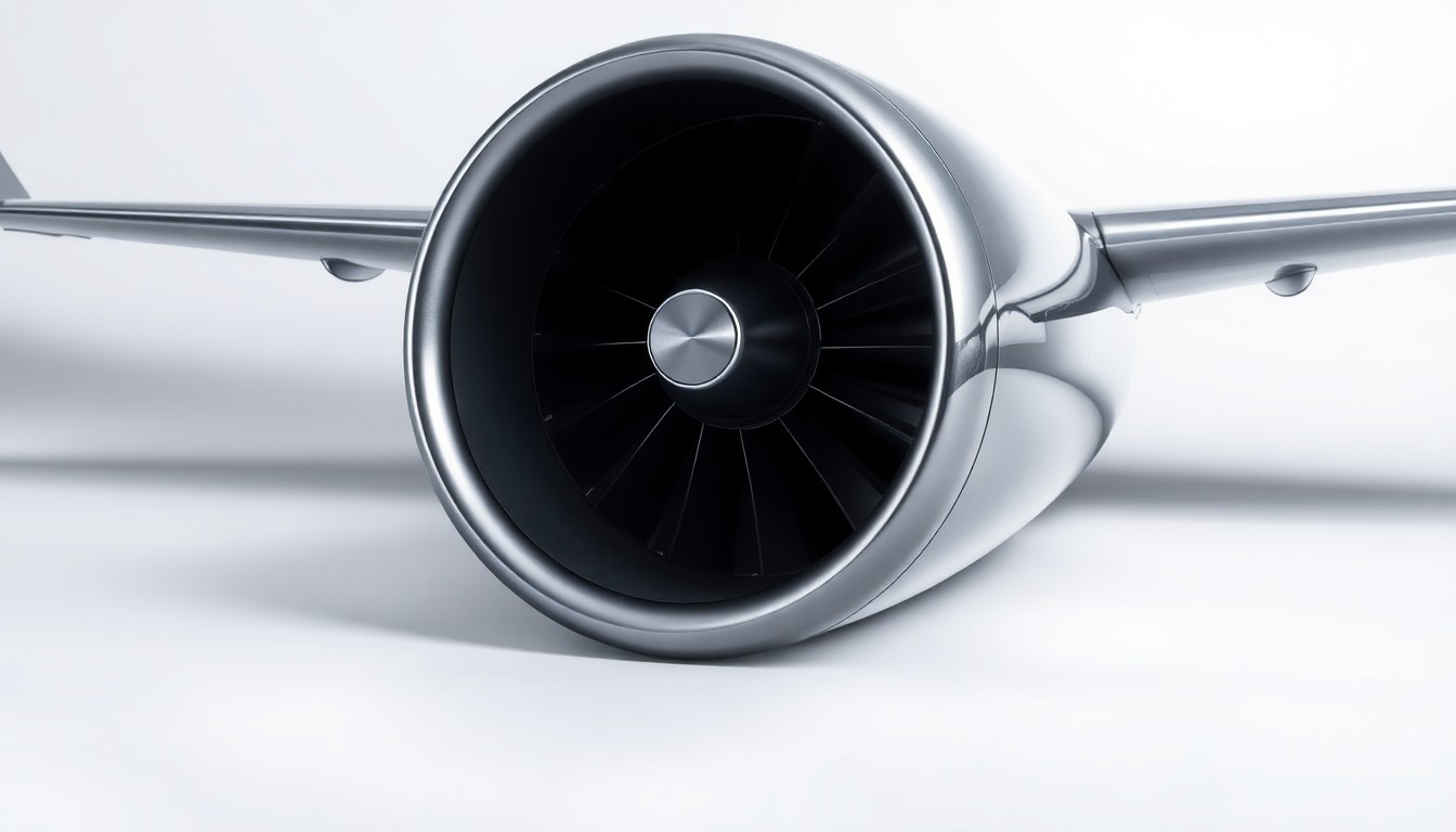 A photorealistic studio still-life image of a silver private jet engine cowling resting on a clean, white background, conveying a sense of premium quality and corporate power through dramatic lighting and shadows.