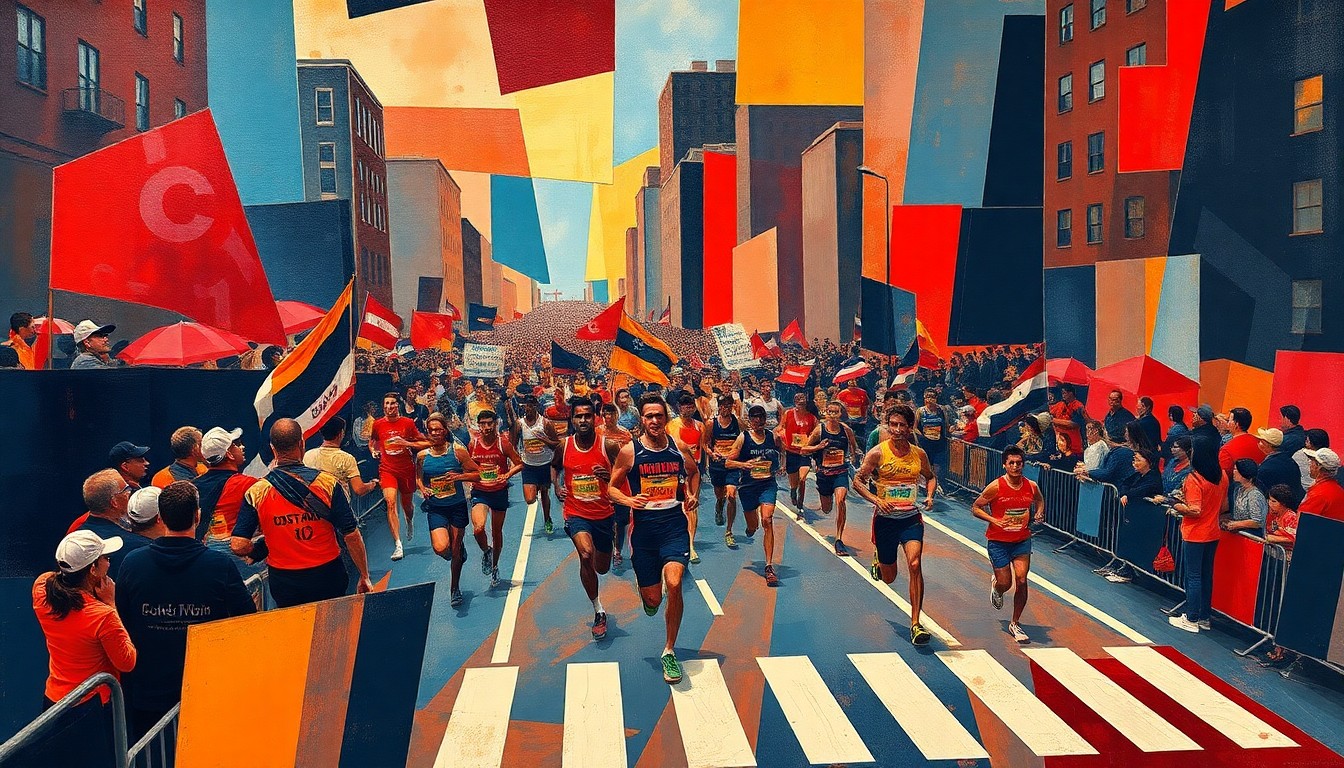 A cubist-style painting featuring fragmented geometric shapes in shades of red, blue, and yellow, capturing the dynamic energy and movement of the Boston Marathon race and its participants.
