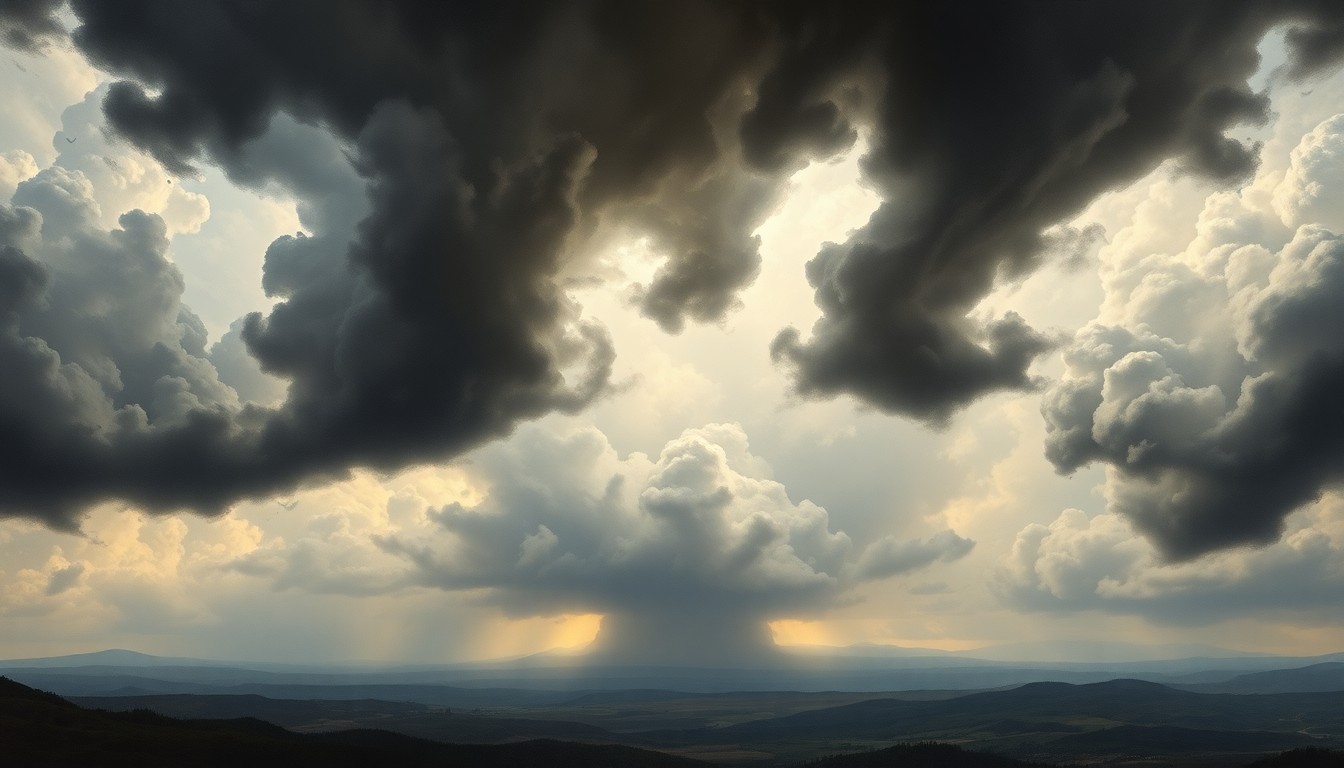 A vast, atmospheric landscape painting depicting a severe thunderstorm, with dark, swirling clouds dominating the frame and dwarfing any physical structures or objects caught within the scene.