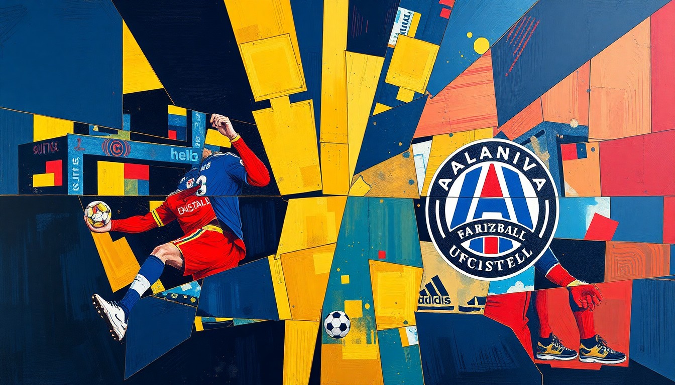 A fractured, geometric painting in vibrant blues, golds, and reds, depicting an abstract soccer match between two teams, with no identifiable players or logos.