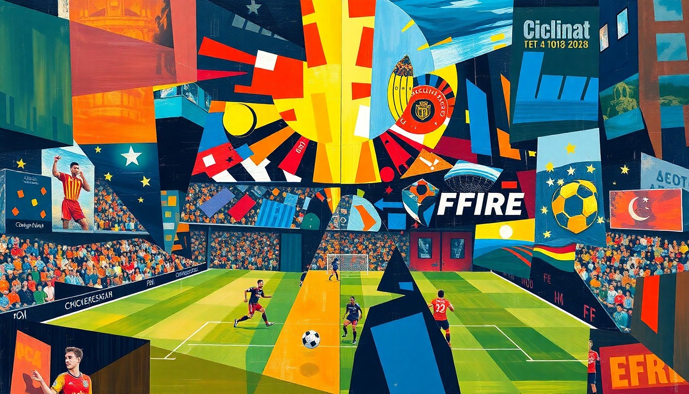 A fragmented, geometric painting depicting the action and energy of a soccer match, with players and the field broken down into sharp, overlapping planes of color and form.
