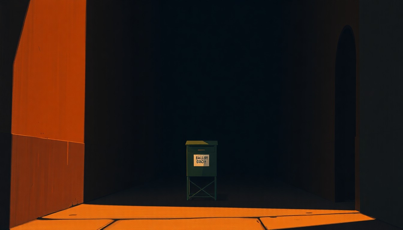 A photorealistic painting of a lone ballot drop box in a shadowy urban alley, the box's metallic surface reflecting the warm glow of sunlight filtering through the buildings, conveying a sense of quiet contemplation around the electoral process.
