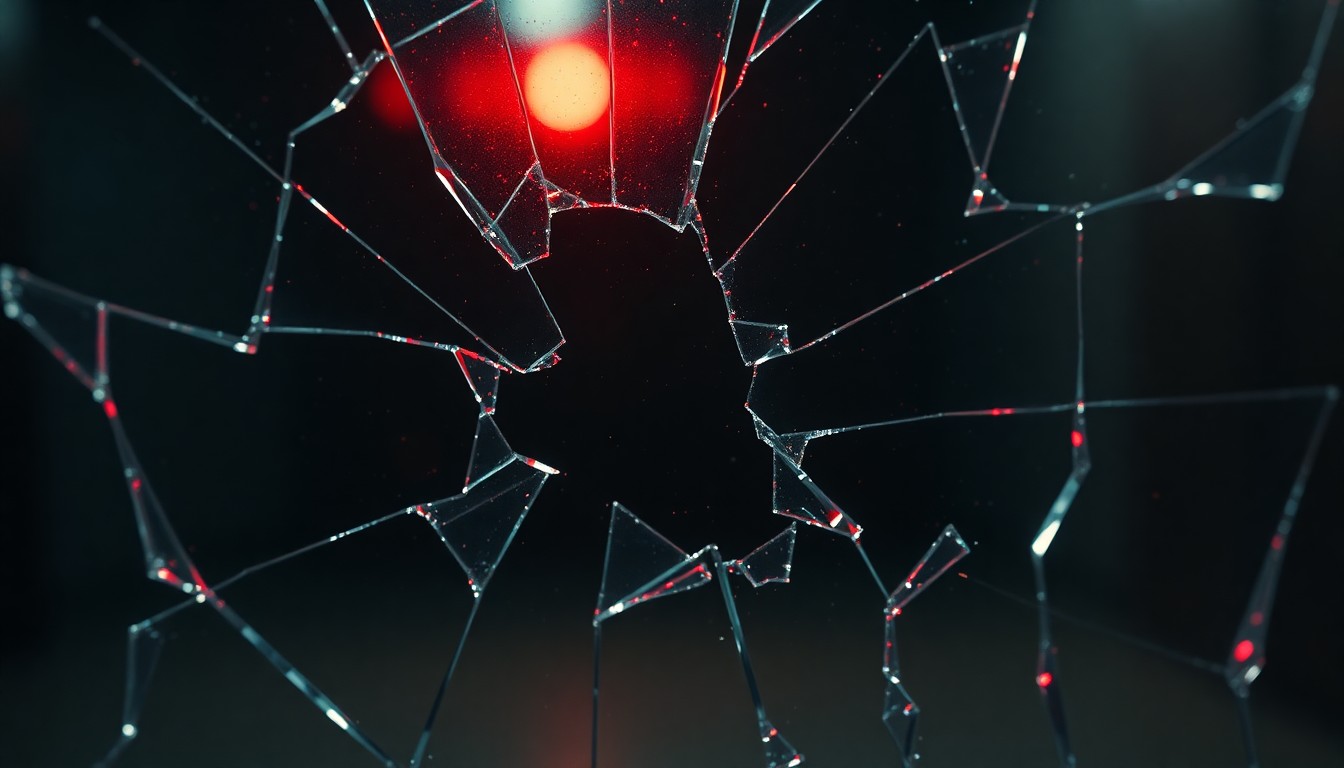 An abstract close-up photograph of shattered glass reflecting a faint red light, conveying the high-stakes action and violent nature of the time-loop premise in a conceptual, non-literal way.
