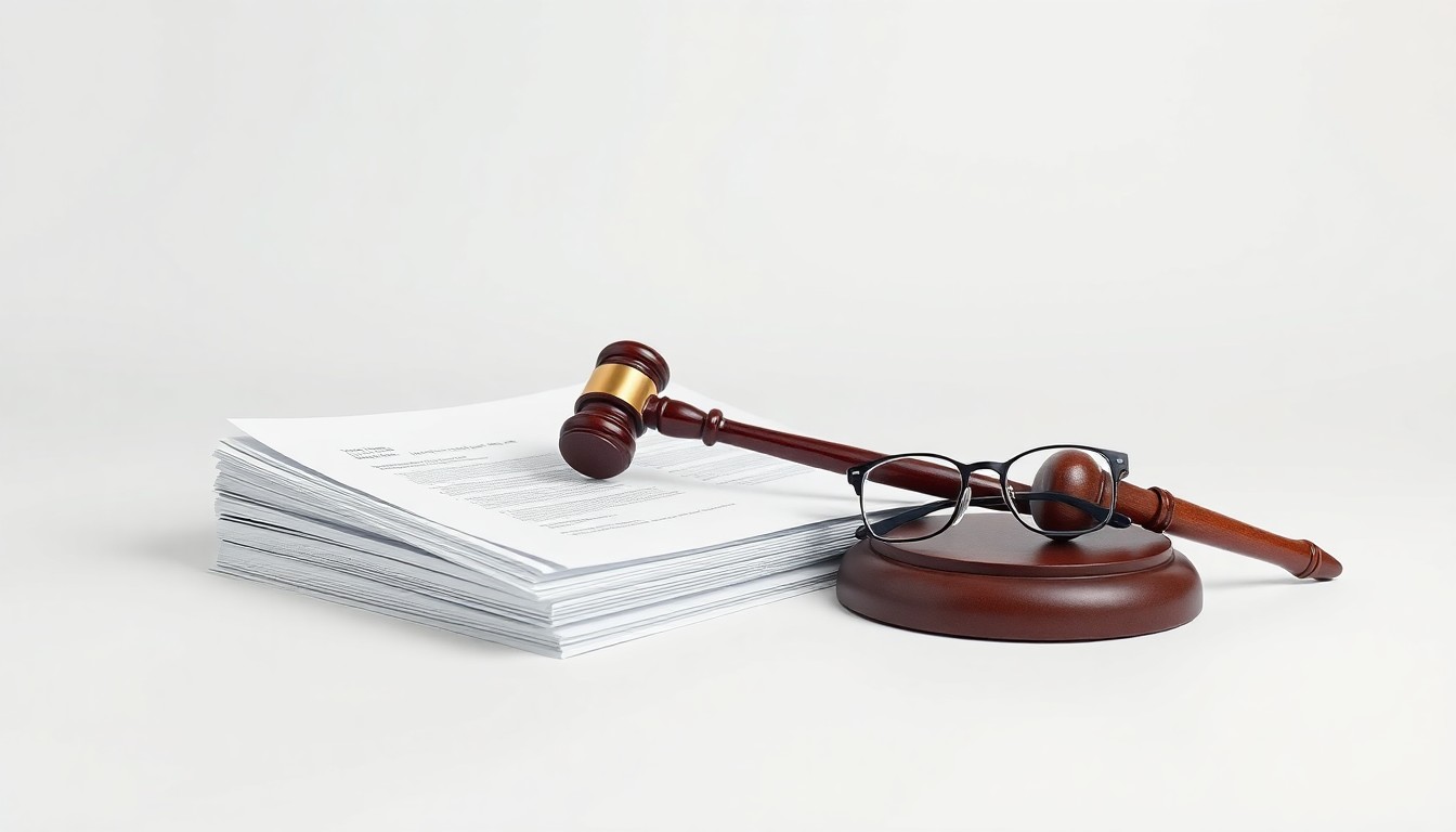 A minimalist studio still life featuring a stack of legal documents, a gavel, and a pair of glasses, symbolizing the firm's expertise and commitment to delivering justice for its personal injury clients.