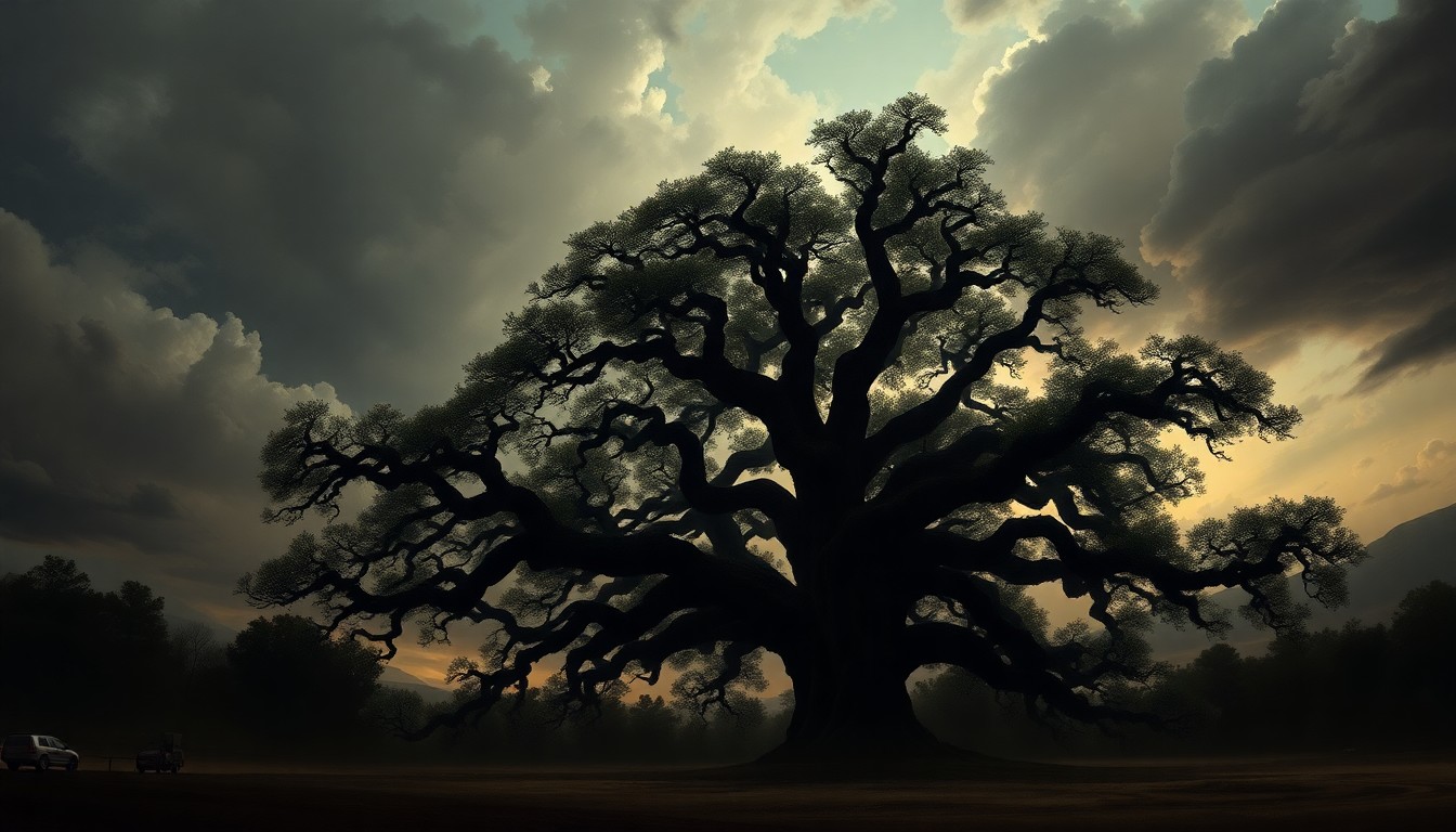 A large, twisted oak tree dominates a dramatic landscape painting, its branches silhouetted against a stormy, atmospheric sky. The overwhelming scale of the natural elements conveys the power of severe weather events impacting the local community.