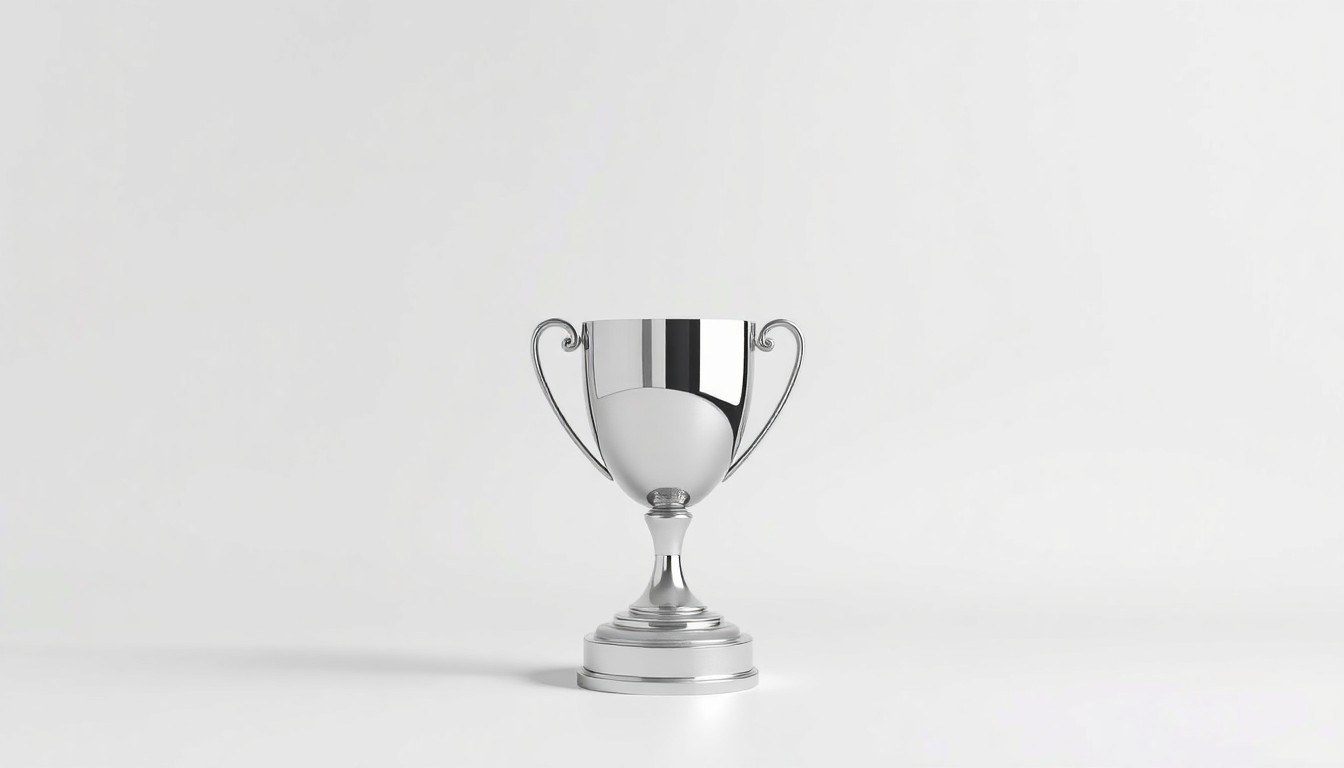 A photorealistic studio still-life image showing a polished metal trophy or award on a clean, monochromatic background, representing the prestige and recognition of a new fractional leadership certification program.