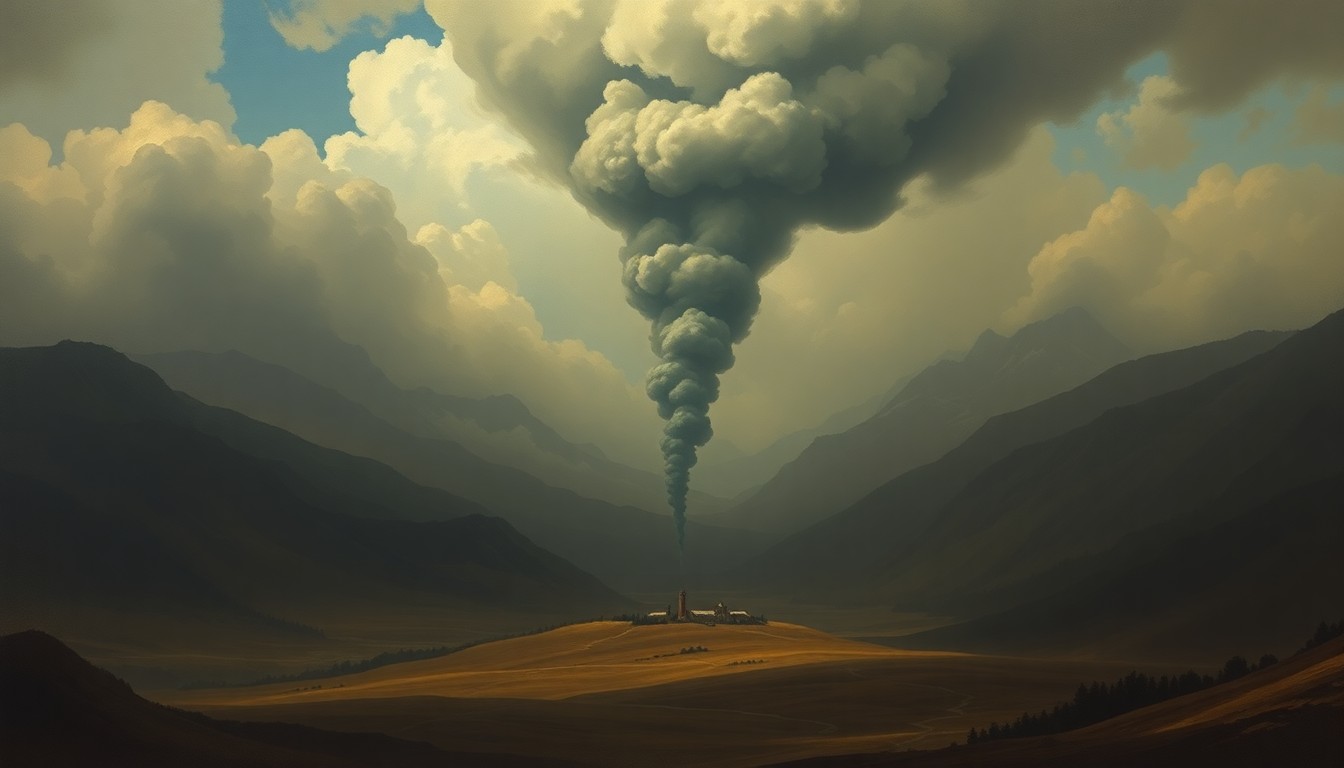 A sweeping, atmospheric landscape painting with a towering plume of dark smoke rising in the distance, conceptually representing the impact of an industrial disaster on a local community.