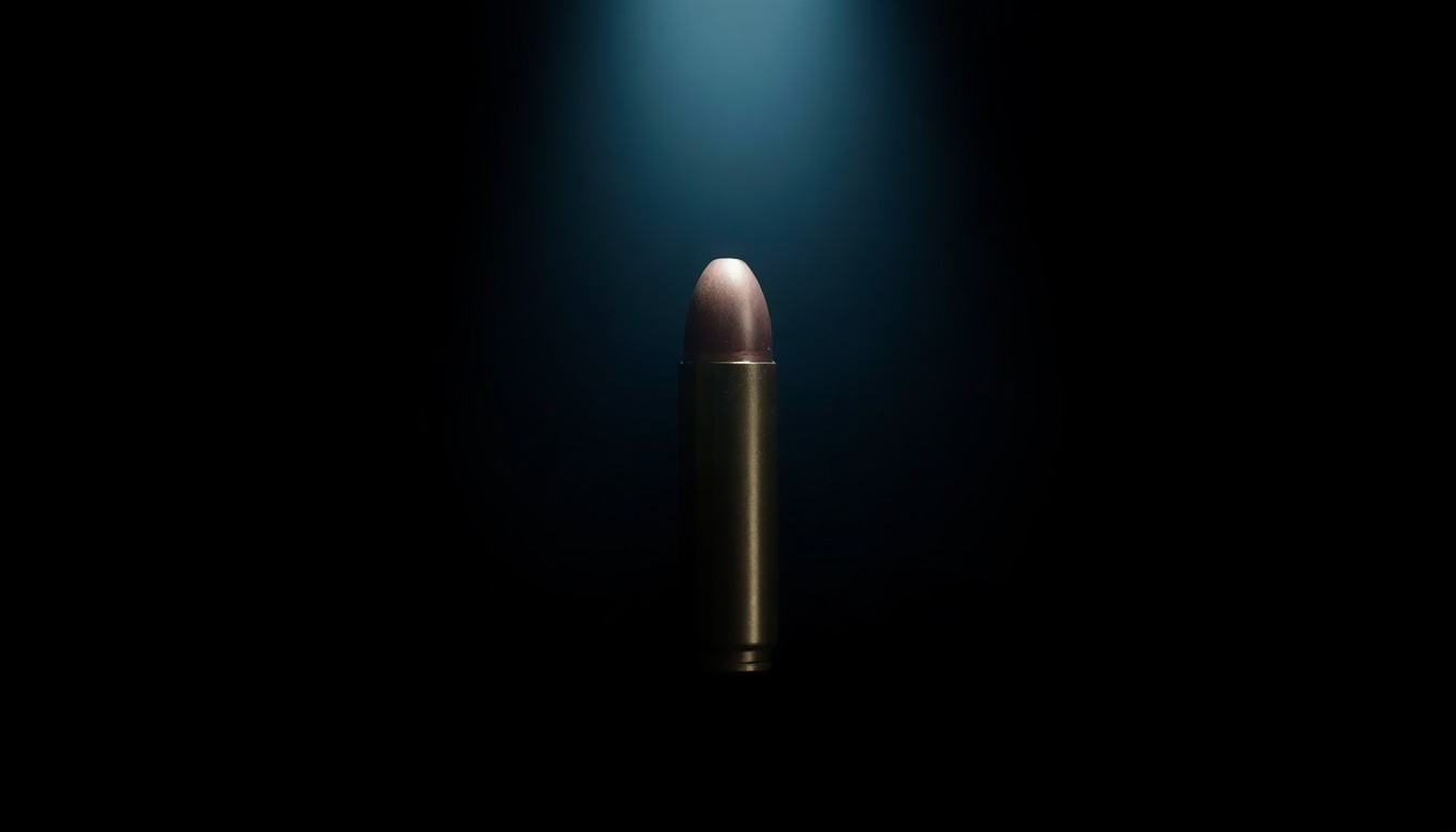 An extreme close-up photograph of a single bullet casing on a dark background, lit by a harsh, direct camera flash, conceptually representing the threat of firearms in schools.