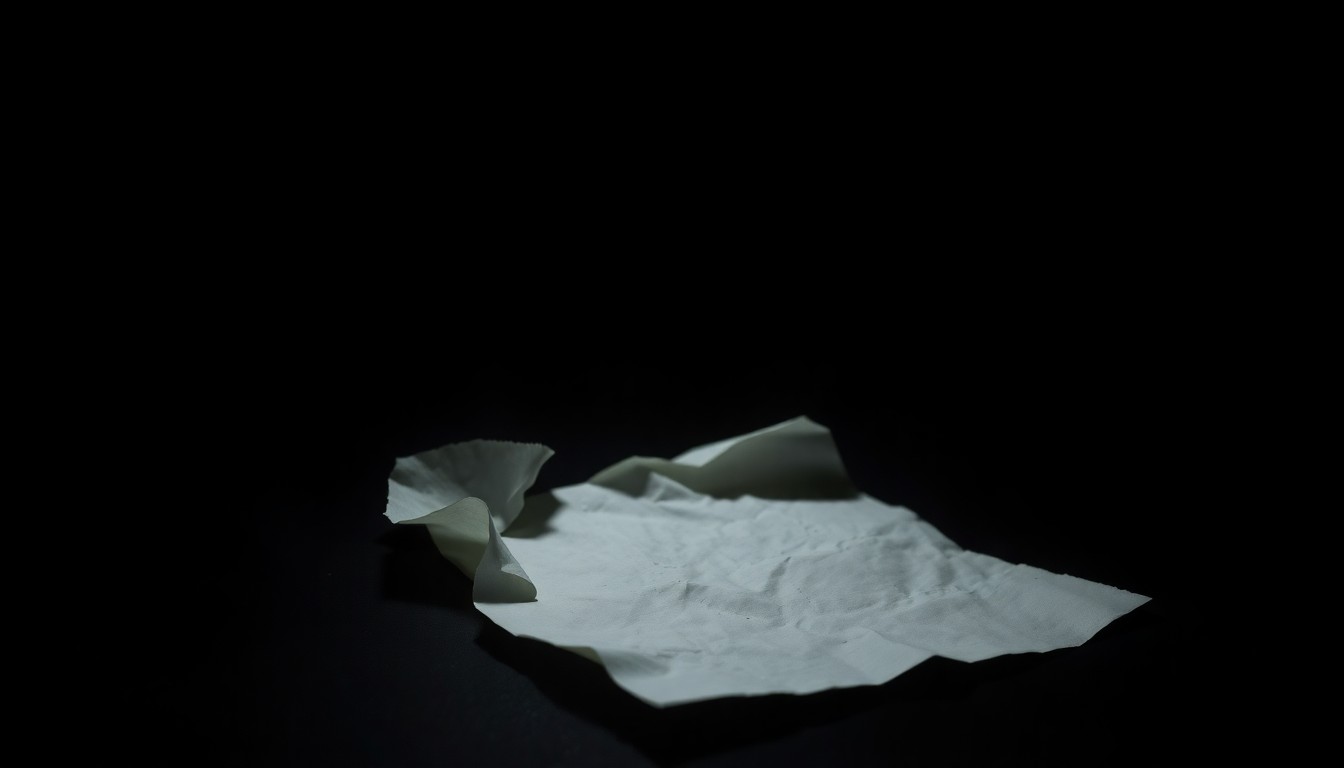 An extreme close-up photograph of a crumpled piece of paper, capturing the texture and dramatic lighting to conceptually represent physical evidence from a crime scene.