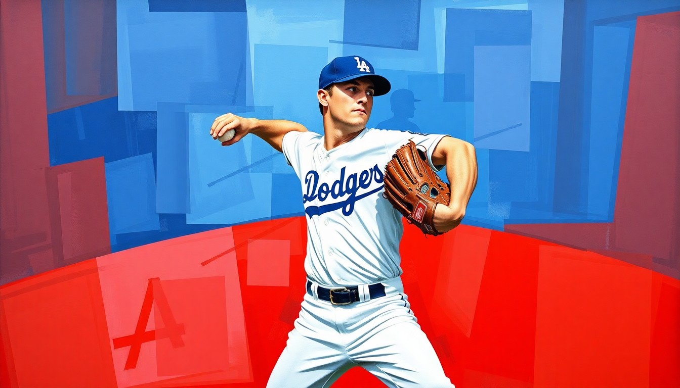 A cubist, geometric painting depicting a baseball pitcher's delivery broken down into overlapping planes of bright blue, red, and white, conveying the raw power and energy of Roki Sasaki's pitching motion.