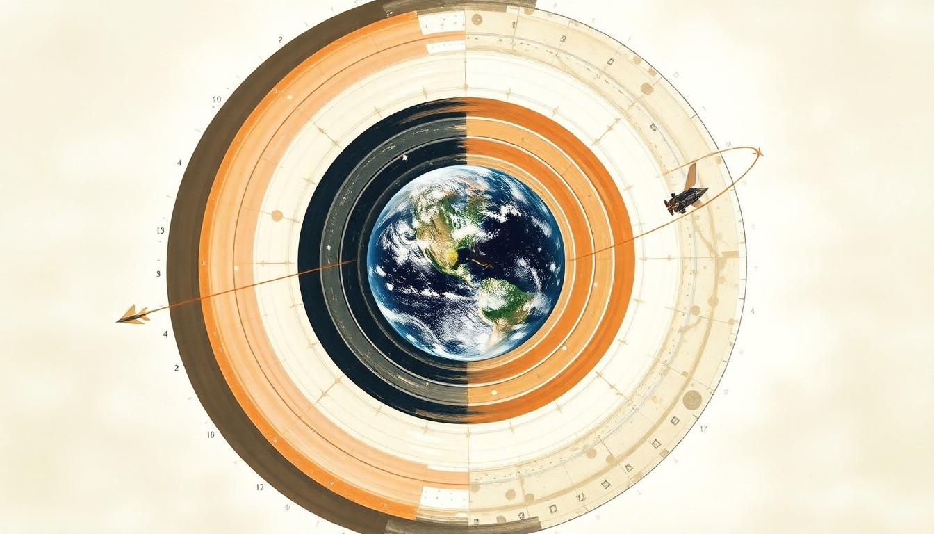 A bold, abstract painting in soft earth tones depicting the intricate orbital mechanics and structural order of the Artemis II mission to the Moon, conveying the complex interplay between Earth, the Moon, and the spacecraft through sweeping geometric arcs and concentric planetary circles.