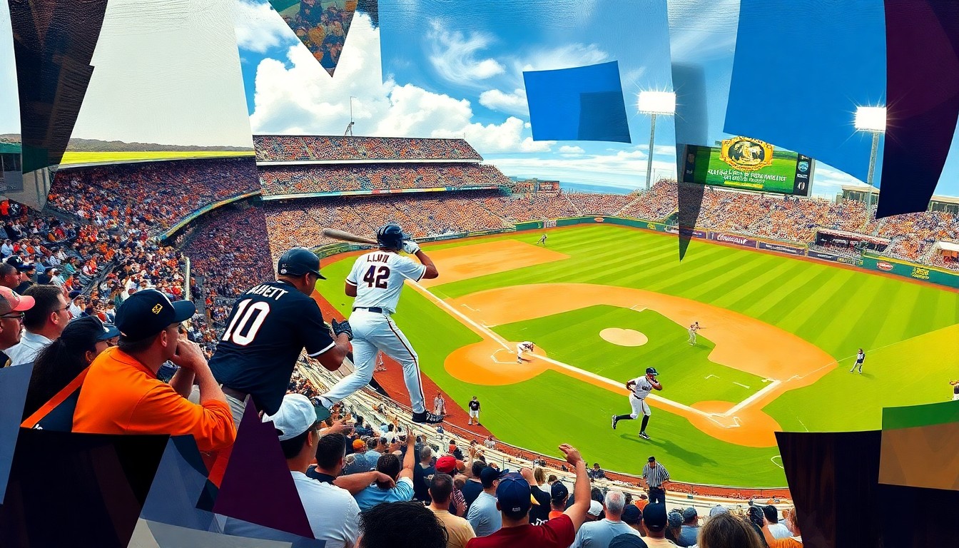 A dynamic, abstract painting featuring sharp, overlapping geometric shapes and planes in shades of blue, green, and red, conceptually representing the action and movement of a baseball game between two teams.