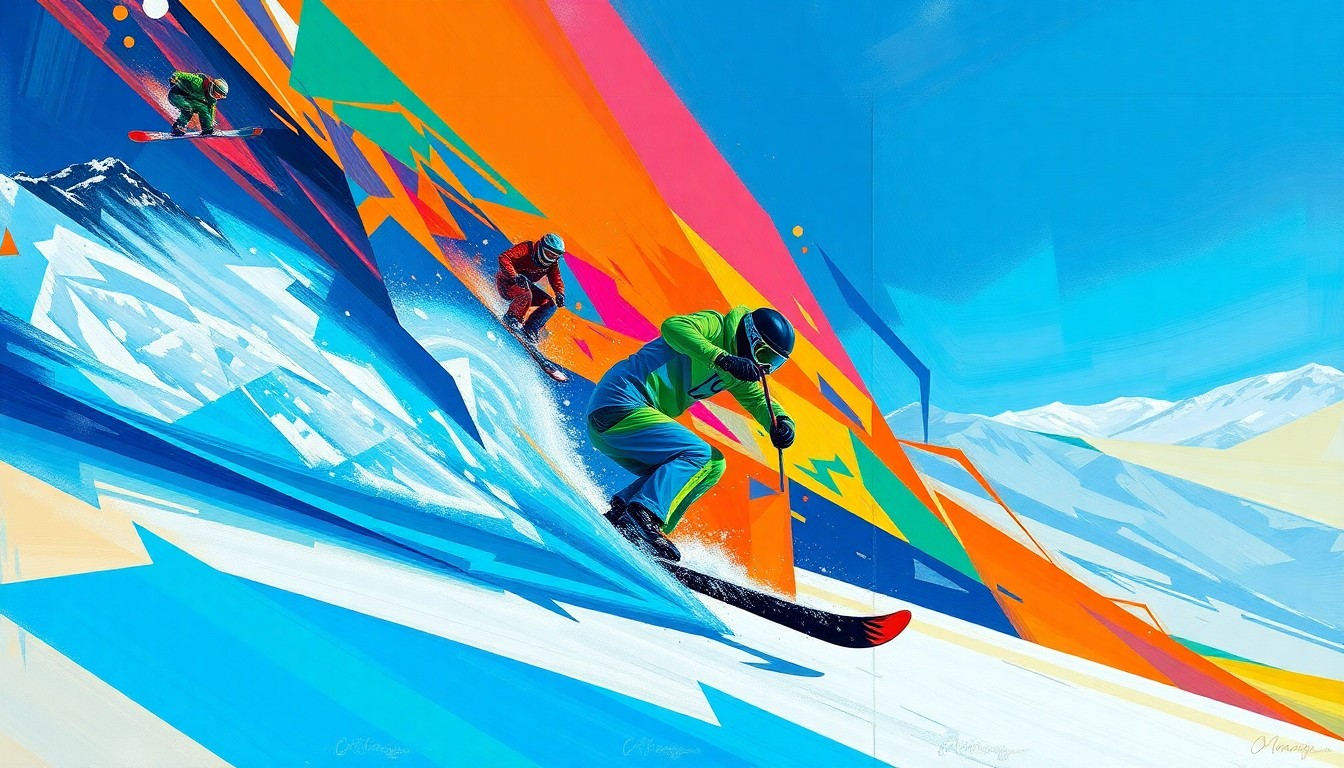 A cubist, geometric painting depicting a freeride skiing or snowboarding competition, with sharp, overlapping planes of vibrant colors representing the dynamic movements and competition.