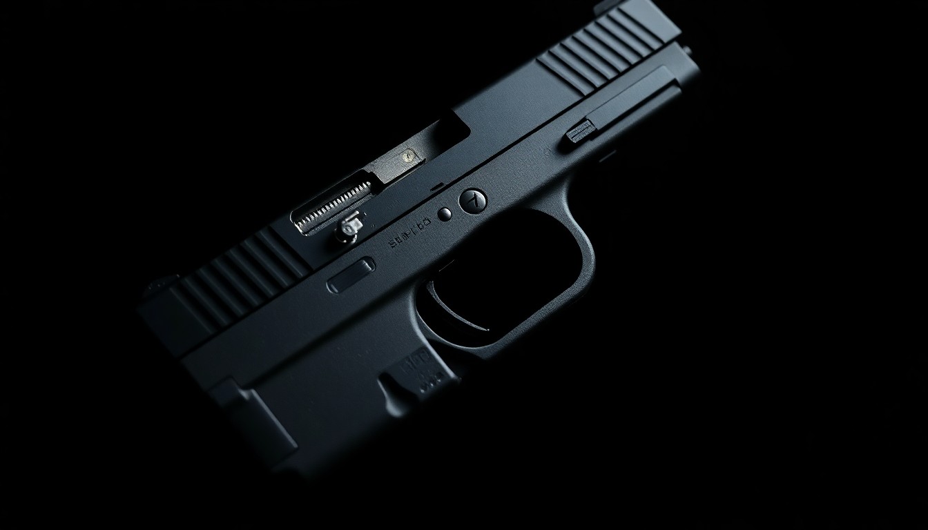 An extreme close-up photograph of the disassembled components of a Glock pistol, including the slide and trigger mechanism, lit by a harsh, direct camera flash against a pitch-black background, creating a stark, gritty, investigative aesthetic that conceptually illustrates the dangerous illegal weapon modifications seized by police.
