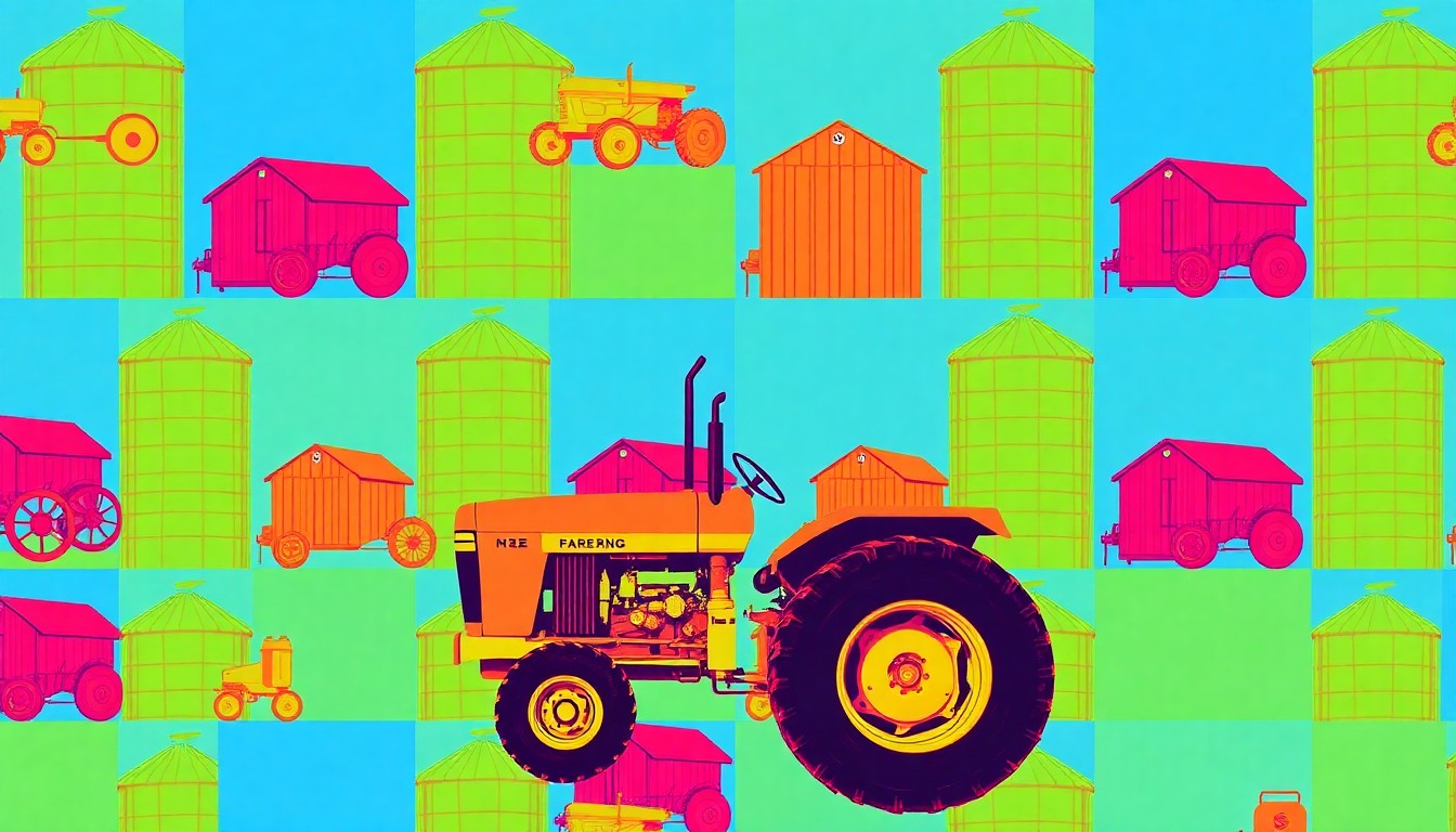 A bold, colorful silkscreen print featuring a repeated image of a tractor in a grid, using a neon color palette and heavy black outlines to transform the everyday farm equipment into a modern pop art piece.