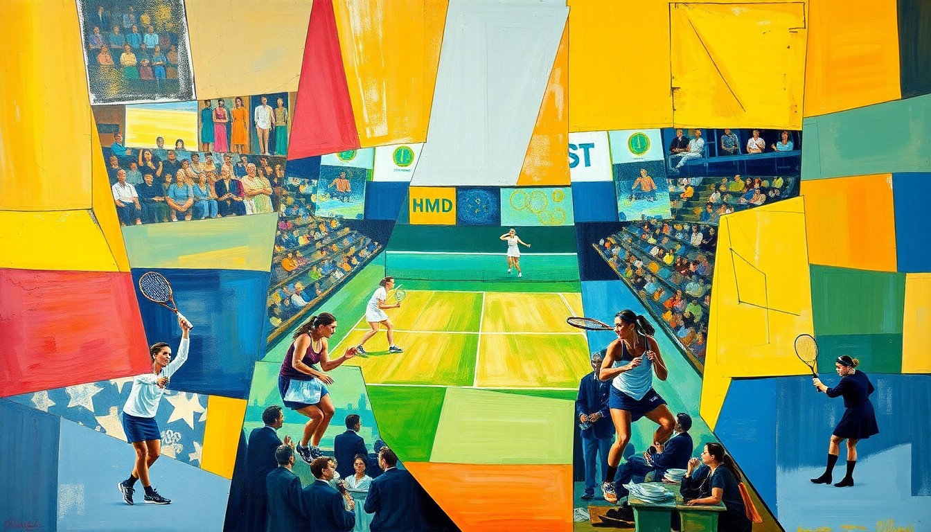 A cubist-style painting depicting a tennis match between two players, with the court and players broken down into sharp, overlapping geometric shapes in a vibrant color palette, conveying the dynamic and strategic nature of the upcoming clay court clash.