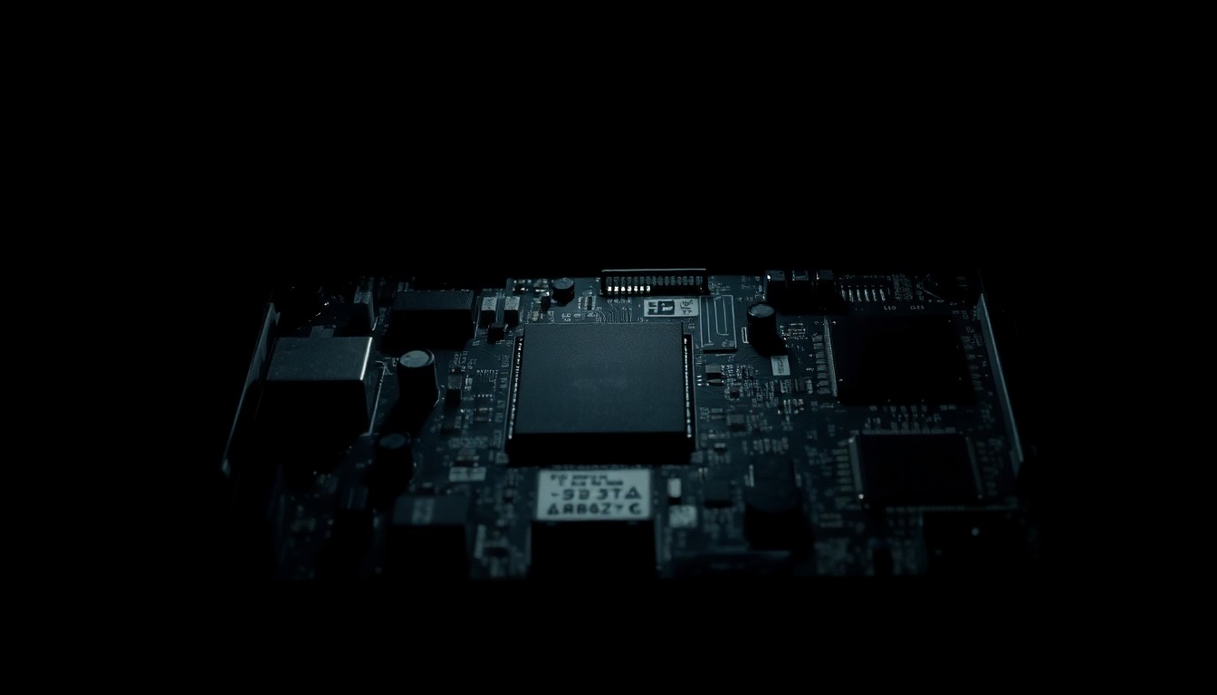 An extreme close-up photograph of a computer circuit board with exposed components, lit by a harsh, direct camera flash against a pitch-black background, conveying a stark, gritty, and investigative aesthetic.