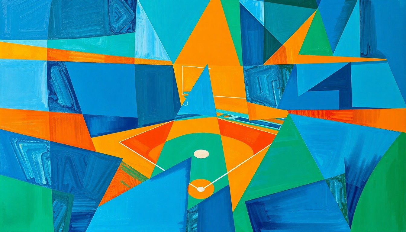 A cubist-style painting depicting a baseball game broken down into sharp, overlapping geometric shapes in shades of blue, orange, and green, conceptually representing the Mets' struggles during their losing streak.