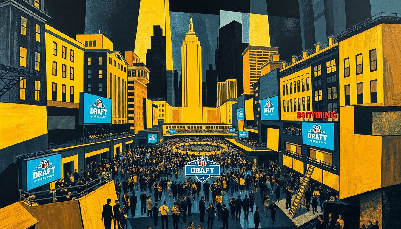 A fractured, multi-perspective painting depicting the streets, buildings, and crowds of the NFL Draft event in Pittsburgh, broken down into sharp, overlapping geometric planes in vibrant shades of black, gold, and steel blue.