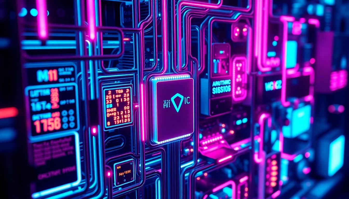 A highly detailed, glowing 3D illustration of a complex cybersecurity infrastructure, with intricate hardware and digital components illuminated by neon cyan and magenta lights, conceptually representing the advanced AI-powered capabilities of Anthropic's Mythos model.