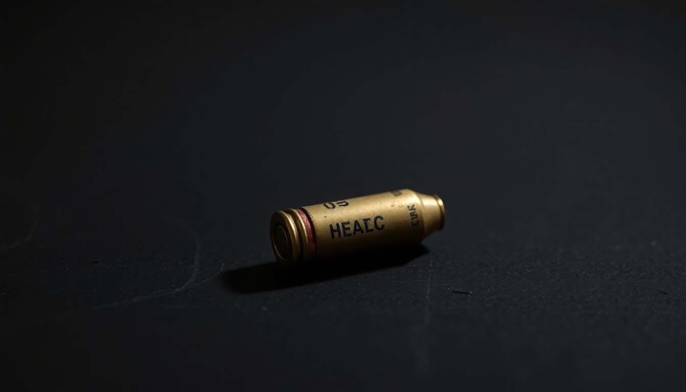 An extreme close-up photograph of a single spent bullet casing on a dark, textured surface, lit by a harsh, direct camera flash, conceptually representing the aftermath of a violent crime.
