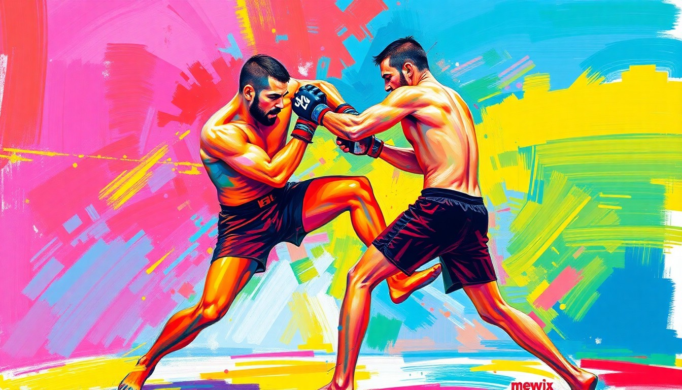 An abstract, expressionist painting in neon colors depicting two blurred figures engaged in a dynamic grappling match, capturing the raw athleticism and intensity of MMA training.