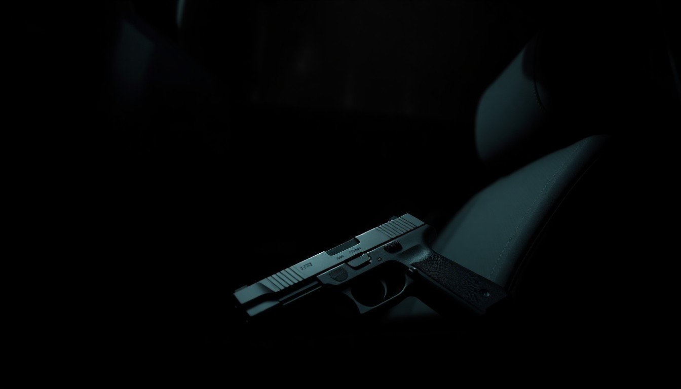 An extreme close-up photograph of a handgun under the driver's seat of a car, captured with harsh, direct lighting to create a stark, gritty investigative aesthetic.