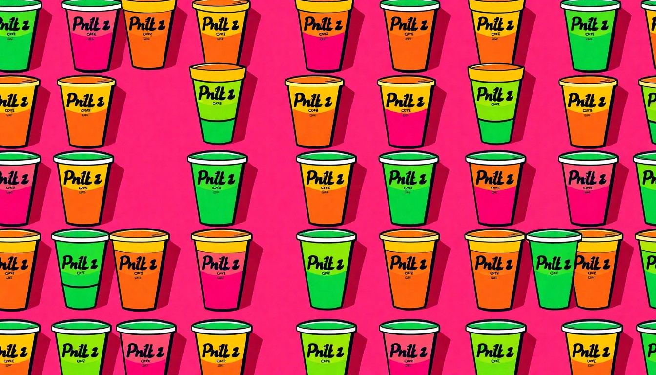 A bold, stylized silkscreen print featuring a Philz Coffee cup repeated in a grid pattern, rendered in a bright, neon color palette that captures the celebratory energy of the brand's Pride support.