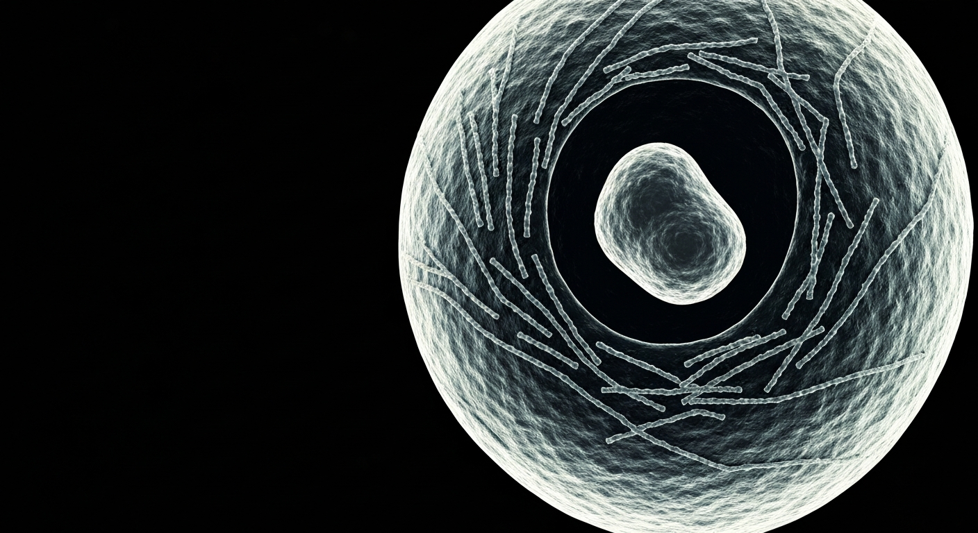 An extreme close-up X-ray photograph revealing the ghostly presence of microplastic particles embedded within the structure of a human cell, conceptually illustrating the pervasive nature of this emerging health concern.