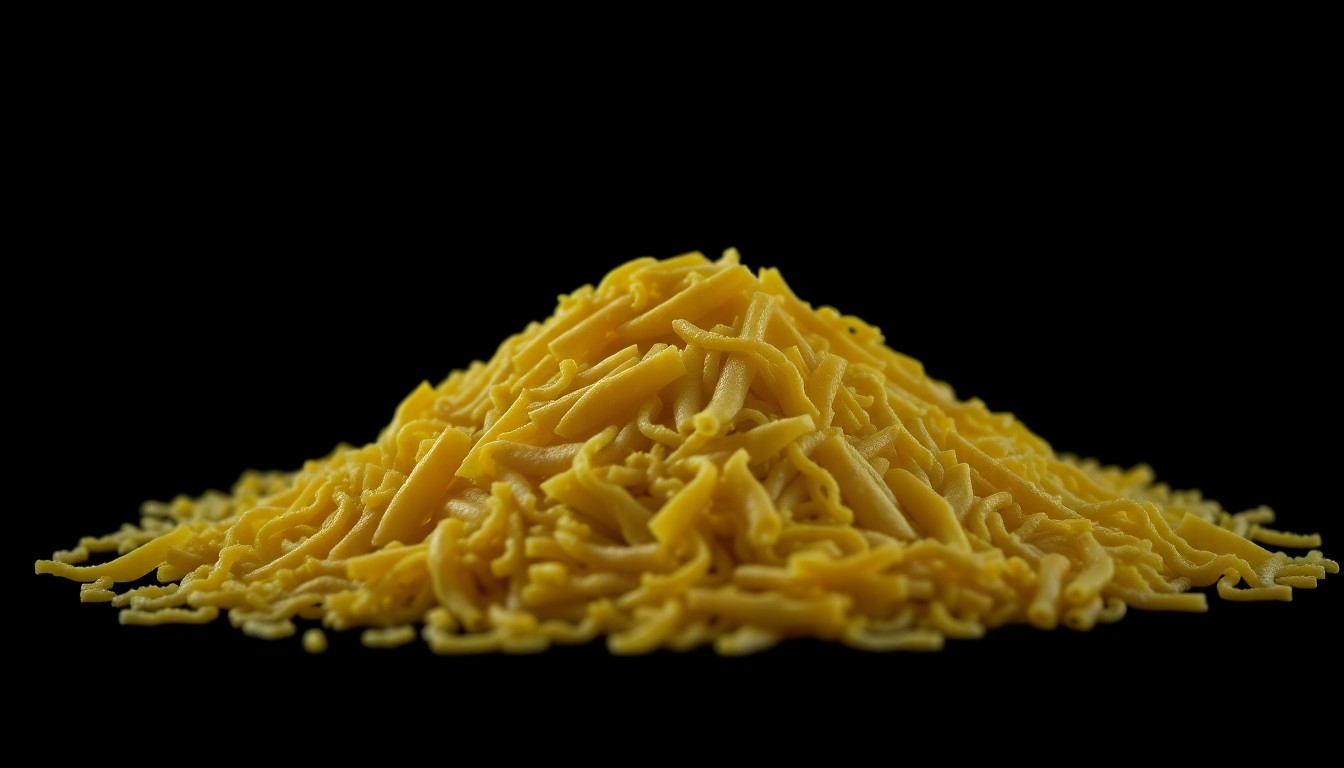 An extreme close-up photograph of a pile of dried pasta against a pitch-black background, lit by a harsh, direct camera flash, conceptually representing the fraudulent swap scheme in a stark, gritty, investigative aesthetic.